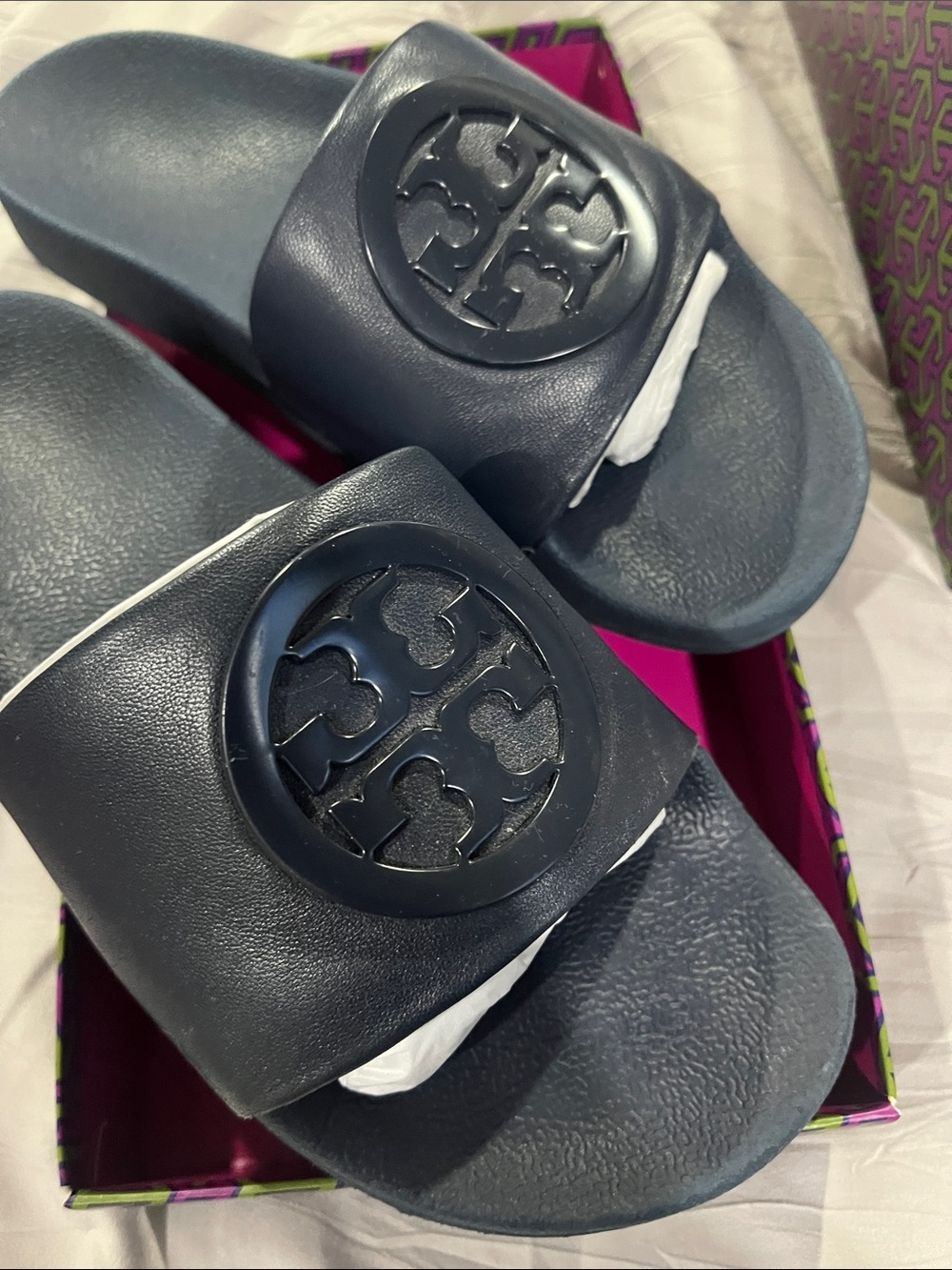 Tory Burch Navy Logo Slide Sandals